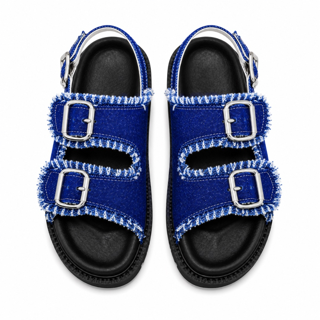 Frayed Royal Blue Denim Buckled Backstrap Sandals